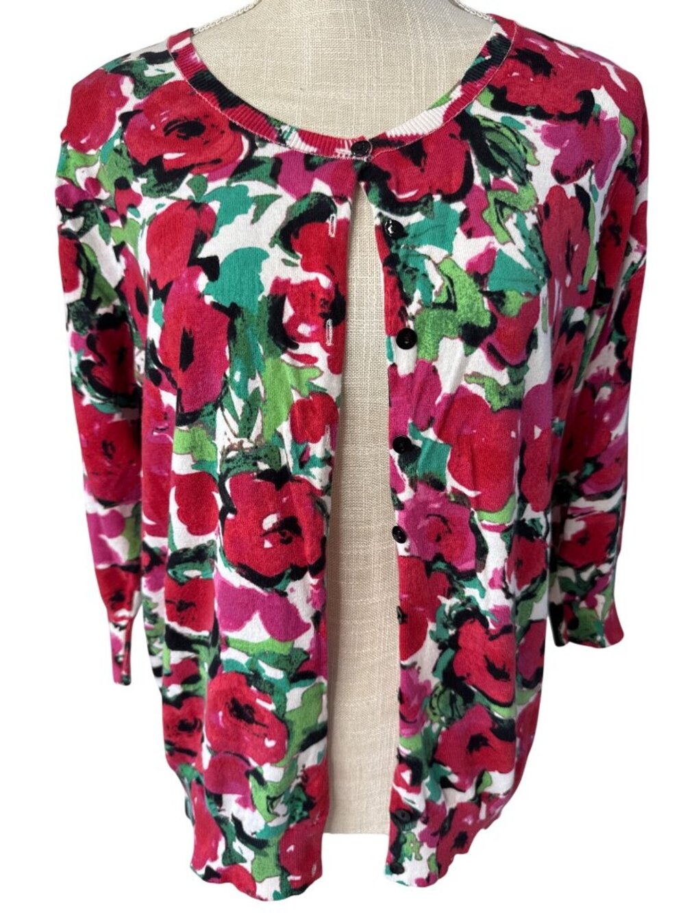 August Silk Floral & Striped Button-Front Red/Green/WhiteCardigan Sweater 1X